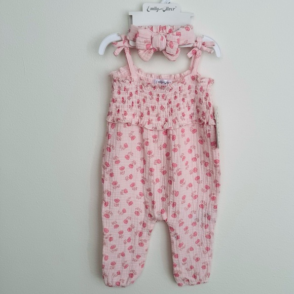 Emily & Oliver Baby Girls Floral Coverall & Headband Set Size NWT - Picture 2 of 13